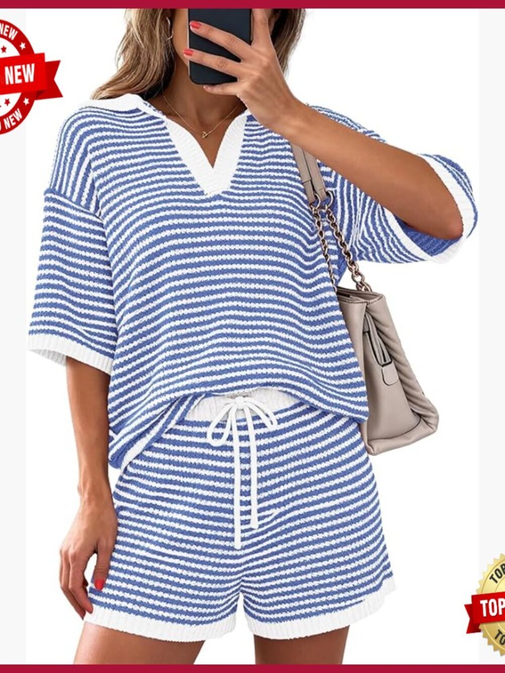 Large 2-Piece Lounge Set V-Neck Striped Top Drawstring Shorts Summer Outfit